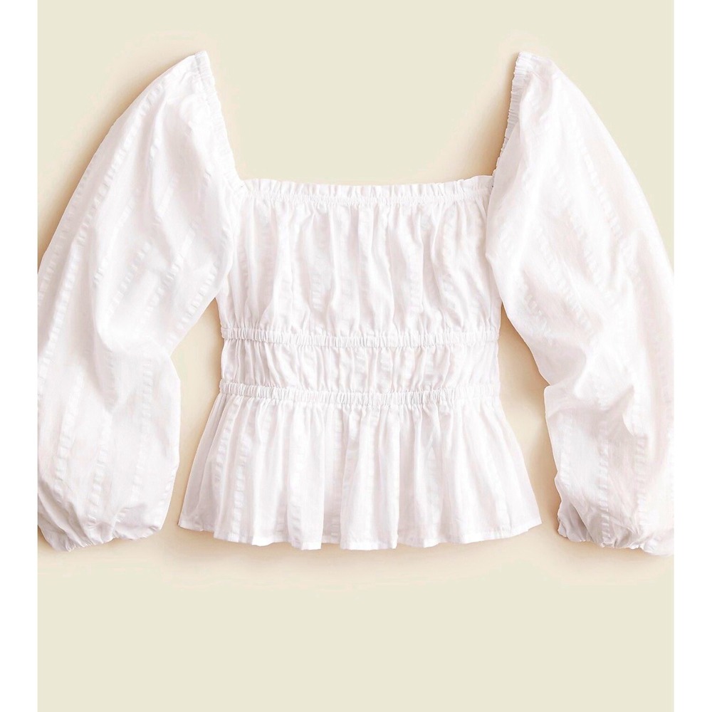 Women's J.CREW White Smocked Peplum Long Puff Sleeve Textured Blouse Size Small